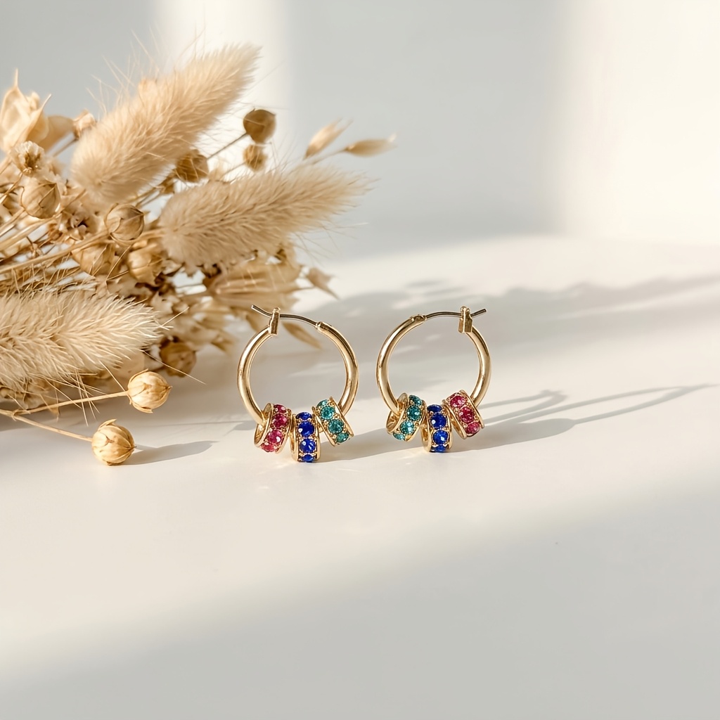 2pcs Colorful Stone Sliding Roller Hoop Earrings